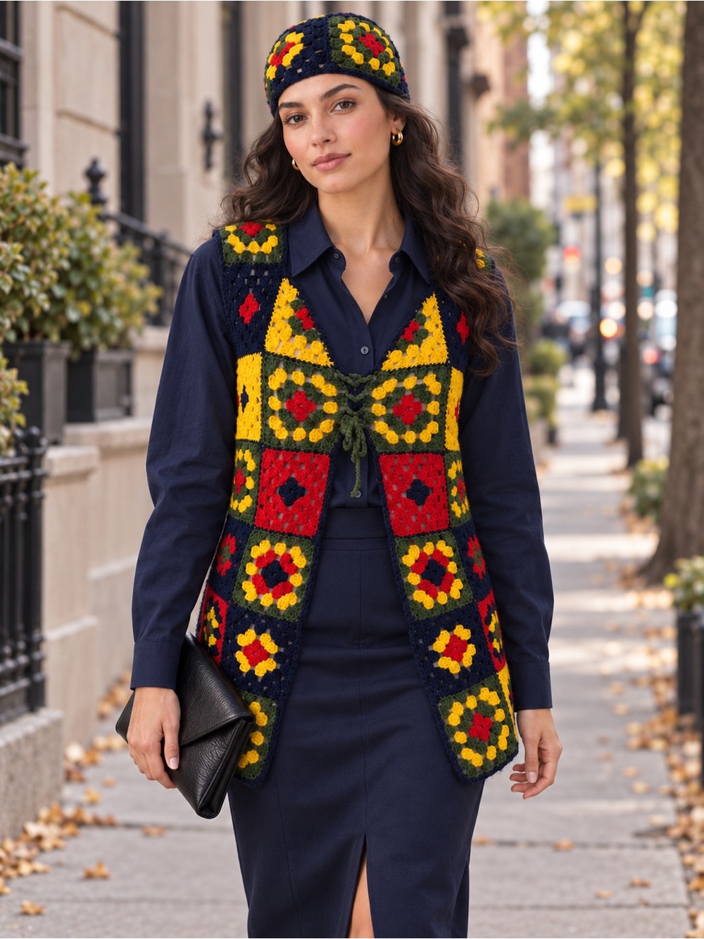 Handmade Crochet Granny Square Floral Longline Vest Matching Hat Set Navy Retro